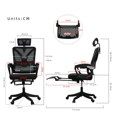 KitchenZ High Back/Medium Back Office Chair Ergonomic Chair Executive Mesh Leg Rest - Black/Grey
