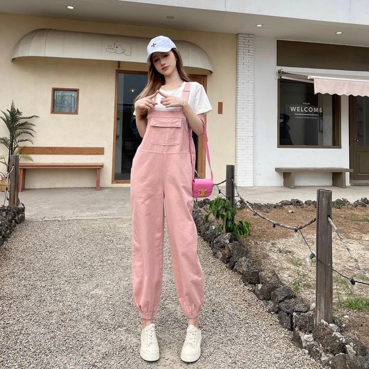 S-XL Women Denim Jumpsuit Pocket Loose Spring Summer Autumn Fashion Casual  Sweet Cute Bib Pants Jeans Overalls Streetwear Pink Khaki