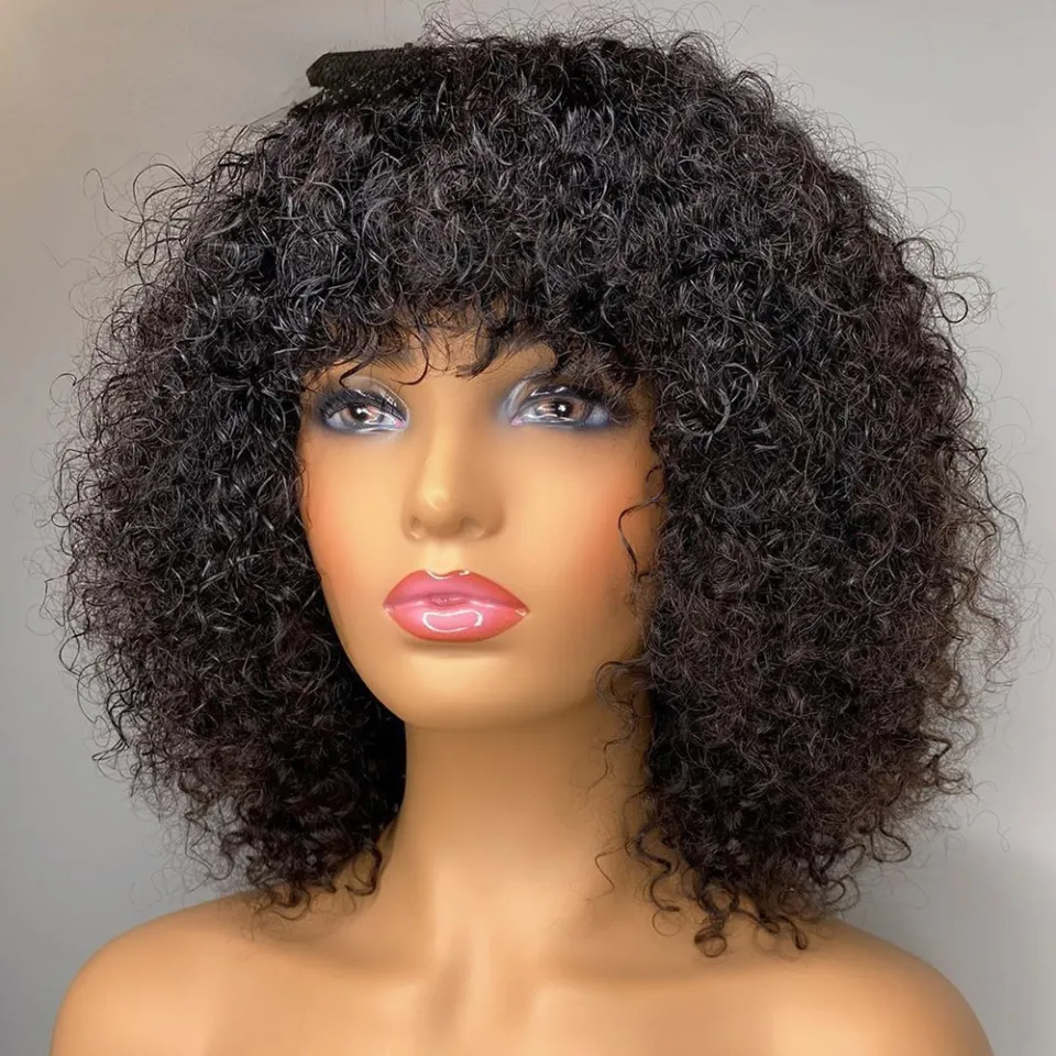 Curly Wig Human Hair Wigs, 8 inch Short Bob Pixie Cut Brazilian Human Hair  Wig, Black Afro Kinky None Lace Front Wigs for Women, Deep Wave Side Part  Wig with Wig Cap 