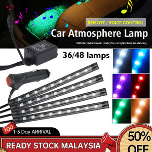 Car LED RGB Strips Light 4Pcs 36LED/48LED Sound Control Pickup Rhythm Lights Car Interior Atmosphere Light Decorative Foot Lamp Door Side Remote Control Sound Sensor Lampu Led Kereta