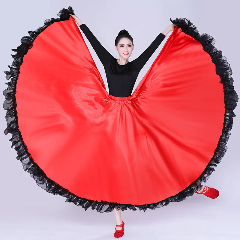 Lolanta Woman Girls Belly Spanish Flamenco Dance Satin Skirt Circle Big  Skirt Bullfighting Dance Costume Maroon Red Black 180 360 540 720 Degree
