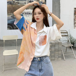 Women Vintage Shirt Ladies Korean Style Blouse Loose Shirt Hawaii Shirt Retro Shirt V Neck Button Shirt Casual Top