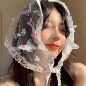 BINOCUL Elegant Floral Cotton Head Scarf Soft Wrap Sweet Printing Hair Scarf Fairy Ribbon Lace Triangle Scarf Outdoor
