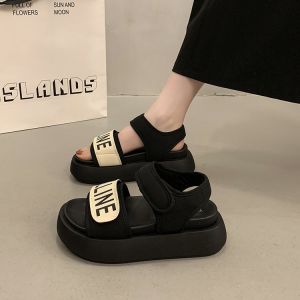 Niche Design Letter Velcro Canvas Thick-soled Heightened Womens Summer New Wear Line Sandals