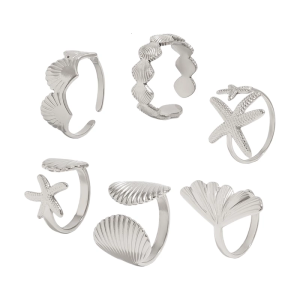 6Piece Adjustable Open Joint Rings Set Starfish Shell Star Design Summer Beach Gift for Women Friend Sisters