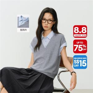 Giordano Women Fake two-piece short sleeve knit shirt Free Shipping 18346516
