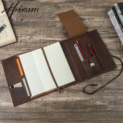 Hiram Vintage Crazy Horse Leather A5 Paper Notebook Leather Cover Strap Handmade Multi Card Slot Office Stationery Storage Bag