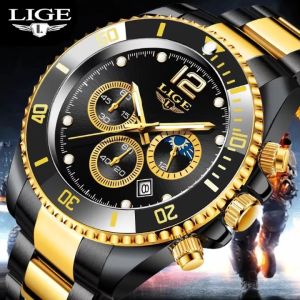 LIGE 2022 Men Watch Top Brand Luxury Clock Casual Stainless Steel 24 Hours Moon Phase Mens Watch Sports Waterproof Quartz Chronograph