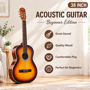 Minsine 38" Wooden Acoustic Guitar for Beginners Adults Solid Spruce Top Sapele Back & Sides with C‑Shaped Neck