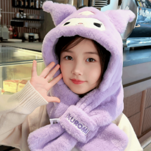 GLOBALTREE Velvet Childrens Integrated Hat Scarf Thick Adjustable Cartoon Ear Protection Cap Cute Cinnamoroll Warm Kuromi Hooded Scarf Winter