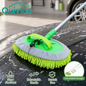 Quivlox Car Wash Mop Telescopic Microfiber Chenille Mitt Removable 180 Rotation Aluminium Handle