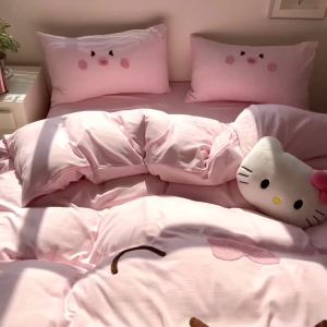 A Class 100% Washed Cotton Four-Piece Set ins Towel Embroidered Cartoon Bedding Set Bed Sheet Fitted Sheet Duvet Cover Dormitory Three-Piece Set LZD