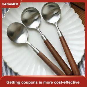 【CANAMEK 】 Stainless Steel Soup Spoon Creativity Portable Wood Grain Spoons For Ice Cream Dessert Scoops Tablespoon Kitchen Accessories
