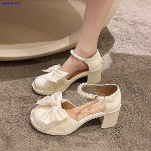 [with Box] Mary Jane Shoes New Style Pearl Bow Thick High Heels for Women Anti-Slip Fashion Leather