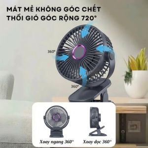 Quạt Mini Để Bàn Tích Điện | Quạt USB Kẹp Bàn Xoay 720 Độ | 5 Cấp Gió Có Đèn LED Êm Mát