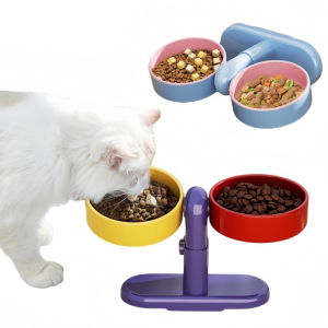 Suction Cup Lift Pet Double Bowl Wall-mountable and Rotatable Feeder - 3 Colors