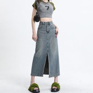 Highwaist Rok denim split gaya Korea rok a-line wanita berpinggang tinggi sedang untuk menutupi rok pinggul selangkangan rok jumbo 5xl bigsize