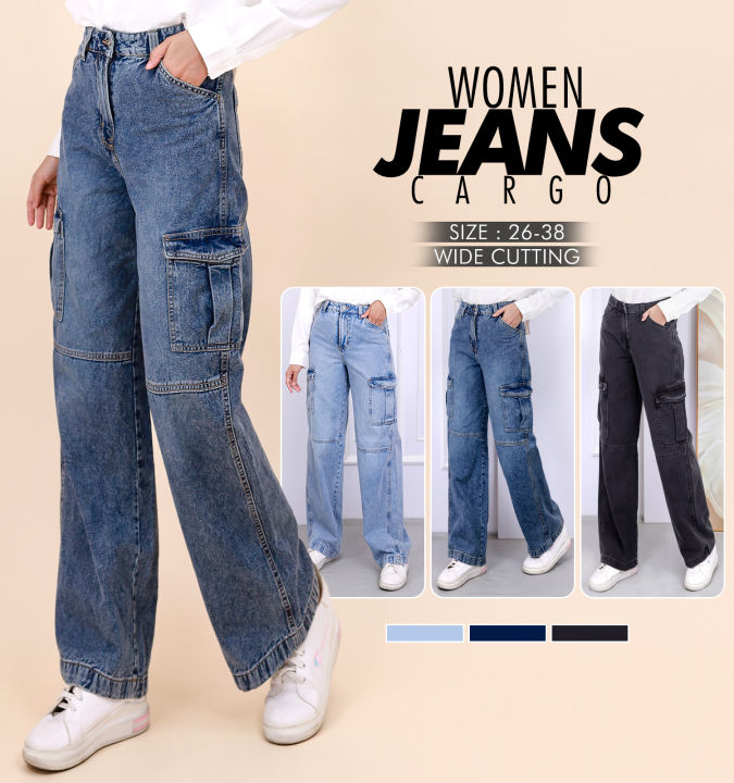 High Waist Wide Cargo Jeans Pants Women Fashion Muslimah - Black Dark Light  Blue