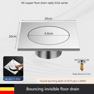 Xinkunlong K8239 Light Luxury 10X10CM Household All-copper Bouncing Floor Drain Toilet Shower Room Bathtub Press Foot Pedal Anti-odor Invisible Floor Drain