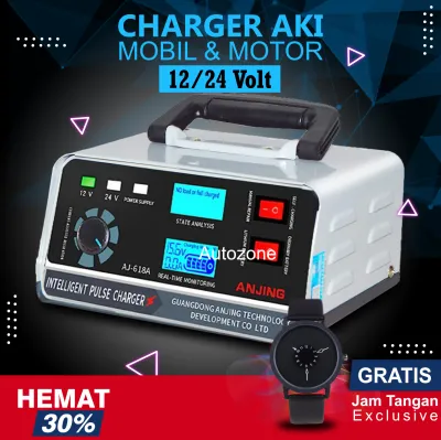 Charger Aki Mobil Motor 400W 12V/24V 400Ah + LCD Carger Aki Otomatis Accu Kering Dan Basah Lead Acid Battery Charger Auto Cut Off Pengisi Daya Baterai Portable Auto On Off Charger Batteray Accu