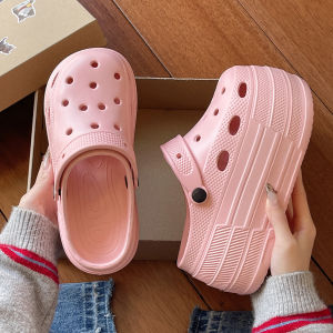 [Free Shipping] Summer 9CM High-Heel Perforated Shoes for Women Thick-Soled Height-Increasing Half-Covered Slippers Dual-Wear Casual Beach Closed-Toe Sandals for Women
