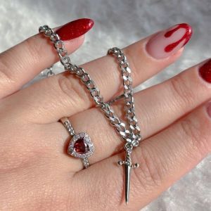Vintage Rhinestone Heart Ring Sword Pendant Bracelet Set For Women Trendy Classic Link Bangle Accessory Jewelry Gift Casual Wear h2610