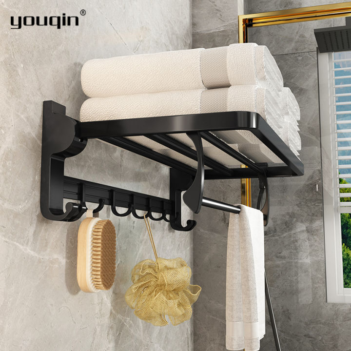 youqin Folding Bathroom Shelf with Hooks Wall-Mounted Elegant - Main Image
