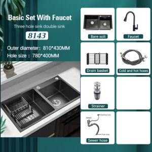 UUOY Kitchen Sink Thickened Black Stainless Steel Sink Home Kitchen Washbasin with Black Drain Basket
