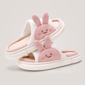 New Korean cute Rabbit linen slippers for Womens non-slip 3.0cm thick bottom indoor slippers home cotton and linen slippers