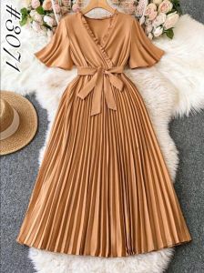3071 Korean Plain Pleated Wedding Dress W/Belt Plus Size For Women Fit To Xl