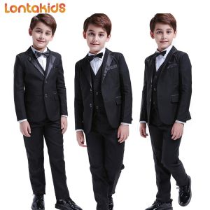 lontakids 6Pcs Kids Boy Suit Black Tuxedo Wedding Birthday Party Formal Attire (Blazer+Vest+White Shirt+Pants+Bow tie+Suspenders) Gentleman Outfit Clothes Set for Prom and Piano Performance