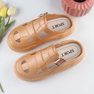 [Free Shipping] WomenS Summer Slip-On Sandals Thick-Soled Casual Half-Slipper Style Fashionable Hollow-Out Design Solid Color Beach Sandals