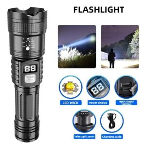 V&S High Strong Power Led Flashlights Tactical Torch With Display Light USB Charging Camping Fishing Defensa Zoom Lantern