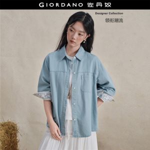 Giordano Women Lace-lined cuff long sleeve denim shirt Free Shipping 18346519