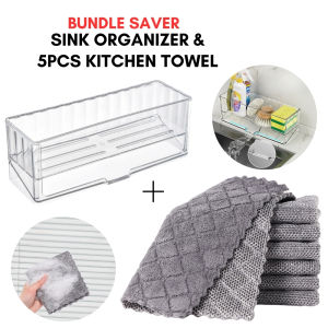 LOCAUPIN Sponge Drainer Rack Clear Sink Organizer with Drainer & 5PCS Double Sided Towel Kitchen Accessories Holder