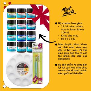 Combo 12 Màu Acrylic Cơ Bản Mont Marte Hũ 100ml (Tặng kèm Bộ cọ vẽ Khay Pha Màu Giấy Vẽ)