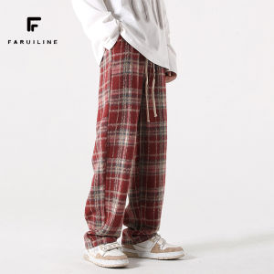 FARUILINE STORE กางเกงขายาวผู้ชาย สีแดงคริสต์มาส ขนแกะ ลายสก๊อต ขาตรง เชือกผูก เอวยางยืด สไตล์ INS แฟชั่นเกาหลี