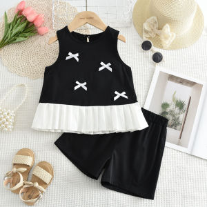 Bear Leader 3 4 5 67 Years Baby Girls Sets Kids Fashion Cute Bow Pathwork Pleated Tanks Tops and Black Short Pants 2 Pieces Suits Outfits Korean Version Clothing Girls Clothes