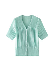 Miyake Pleated Cardigans Office Lady Lantern Sleeve V neck Shawl Jacket Single Breasted  Loose Sunscreen Tops