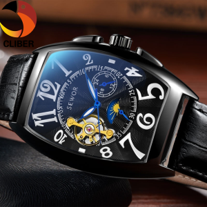CLBER 【Free Box】SEWOR Full Black Tonneau Tourbillon Watch Genuine Leather Strap Automatic Mechanical Men Wristwatches