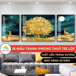 Bộ 3 tranh Tranh Phong Thủy Tài Lộc Tráng gương treo phòng khách Decor tranh Cây Kim Tiền Thu hút tài lộc may mắn