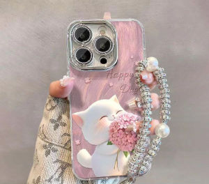 เคสสำหรับ iPhone 15 Pro Max 14ProMax 13Pro น่ารักป้องกันแมวด้วยสายคล้องมือแบบพกพาฝาแข็งแวววาวสำหรับ IPhone11PROMAX