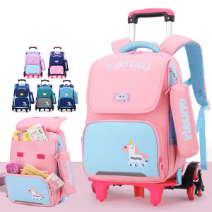 New Elementary School Cute Cartoon 6-wheel Trolley Backpack Student School Bag Waterproof Large-capacity Detachable Bag
