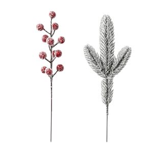 A8626 Greenery Leaves Christmas Artificial Pine Branches Plastic Red Berries Fake Cedar Pine Lifelike Accessories Faux Pine Home Decoration