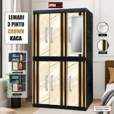 STUDIO - LEMARI PAKAIAN LEMARI PLASTIK 3 PINTU LEMARI MEGA JUMBO KACA MOTIF VIP / Kode : LP3P VIP