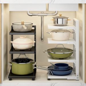 Adjustable Pot Rack Pot Organiser Under Sink Kitchen Sink Cupboard Storage Rack Pot Organizer Cookware Stand 2/3/4/5 layer pot racck