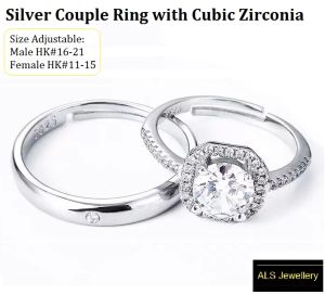 Adjustable Silver Couple Ring with Cubic Zirconia for Wedding Engagement Photo Shooting - SR-CP-Zir-001