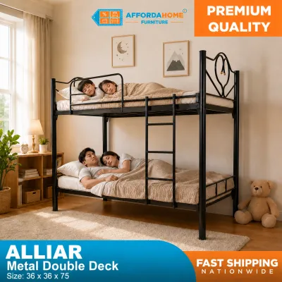 AF Home Alliar Heavy Duty Metal Double Deck Bed Frame Space Saving Steel Bunk Bed for Family Bedroom Kids Room Dormitory Apartment Durable Black Metal with Ladder Guard Rails Slatted Support Single Size Practical Affordable Modern Bedroom Furniture