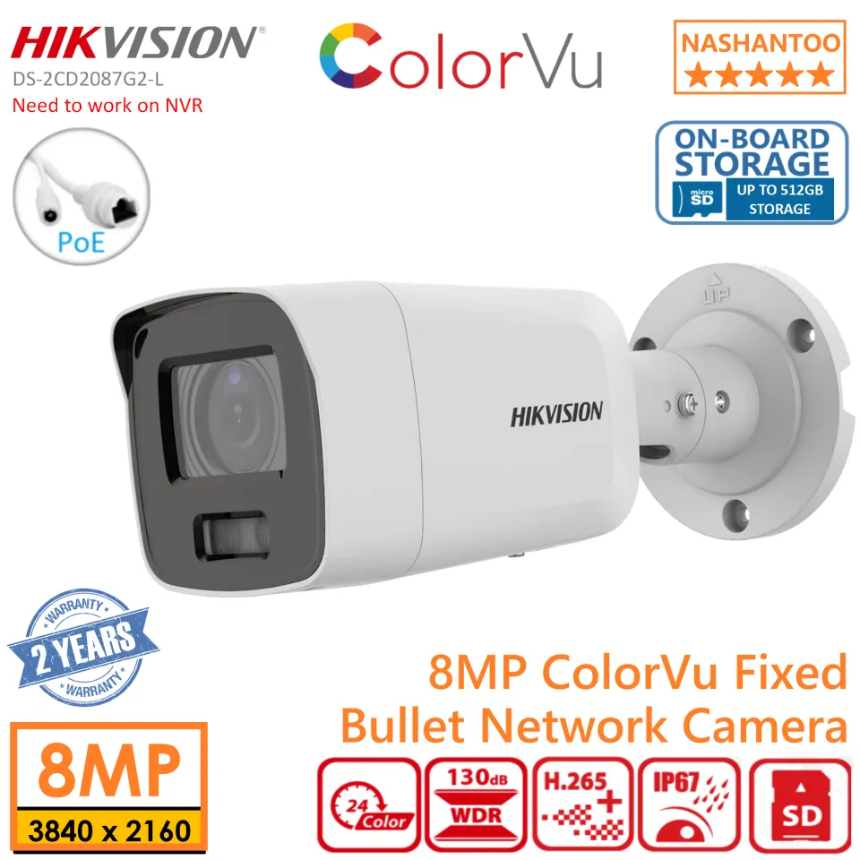 Hikvision DS-2CD2087G2-L 8MP ColorVu Fixed Bullet 4K IP Network Camera  Outdoor Weather Proof Efficient 24/7 Colorful o 130dB WDR