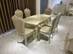 Bộ bàn ăn tân cổ điển mặt đá tự nhiên 6 ghế bọc da nhập khẩu 939B